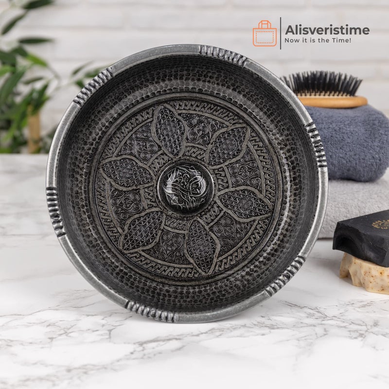 Alisveristime Traditional Turkish Bath Hammam Bowl with Authentic Motifs (440gr (15.50 oz) Made of Zinc (7.87-Inch Diameter) (Black) - Image 5